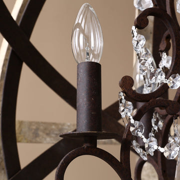 Retro Rustic Weathered Wooden Globe Metal Orb Crystal 5-Light Chandelier in Large